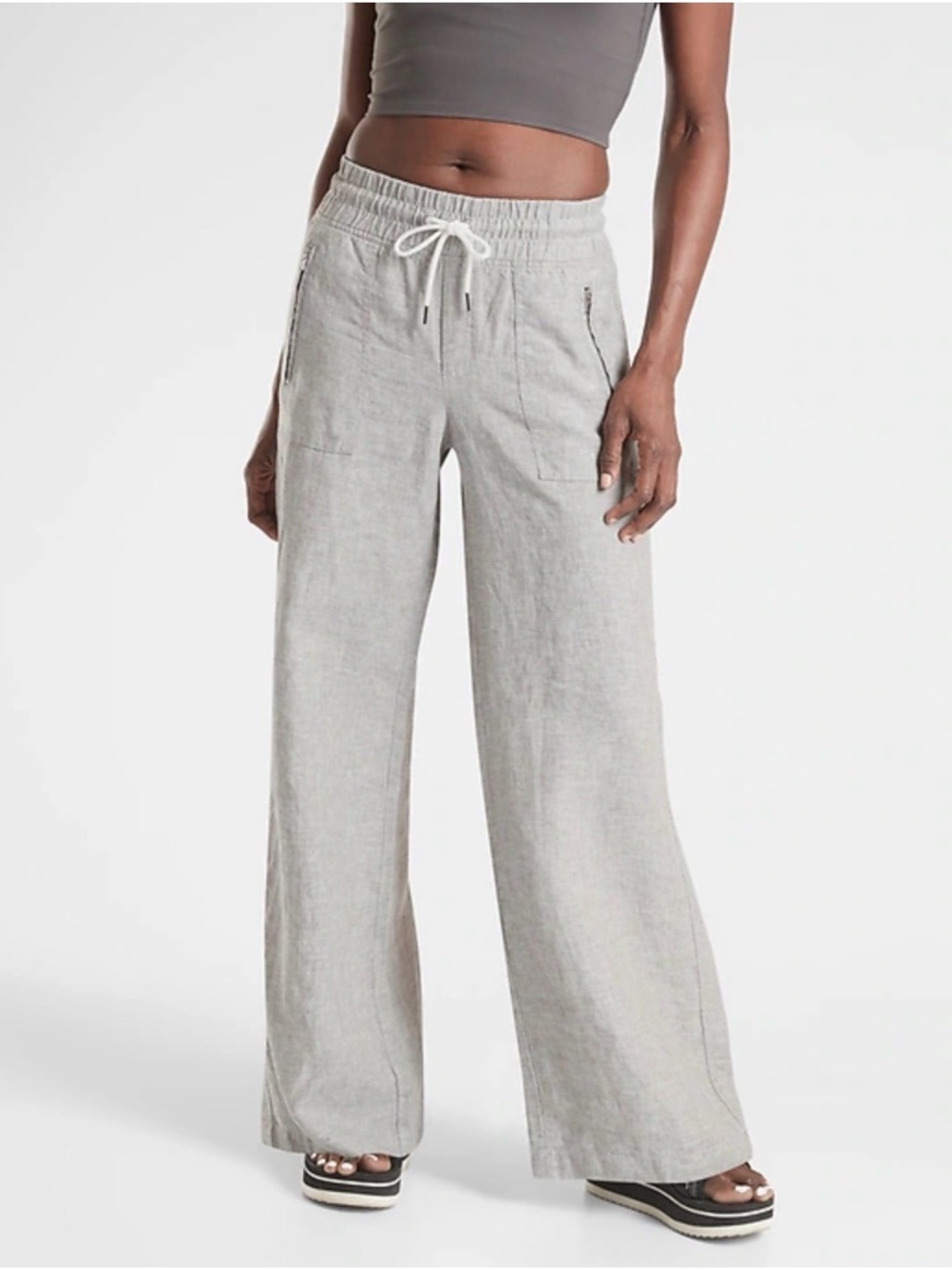 Athleta Light Gray Cabo Wide-Leg Drawstring Linen Pants